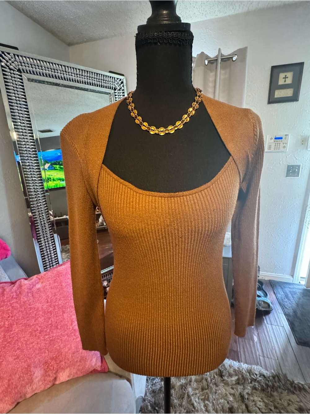 Ribbed Scoop Neck Brown Women's Sweater with Bolero